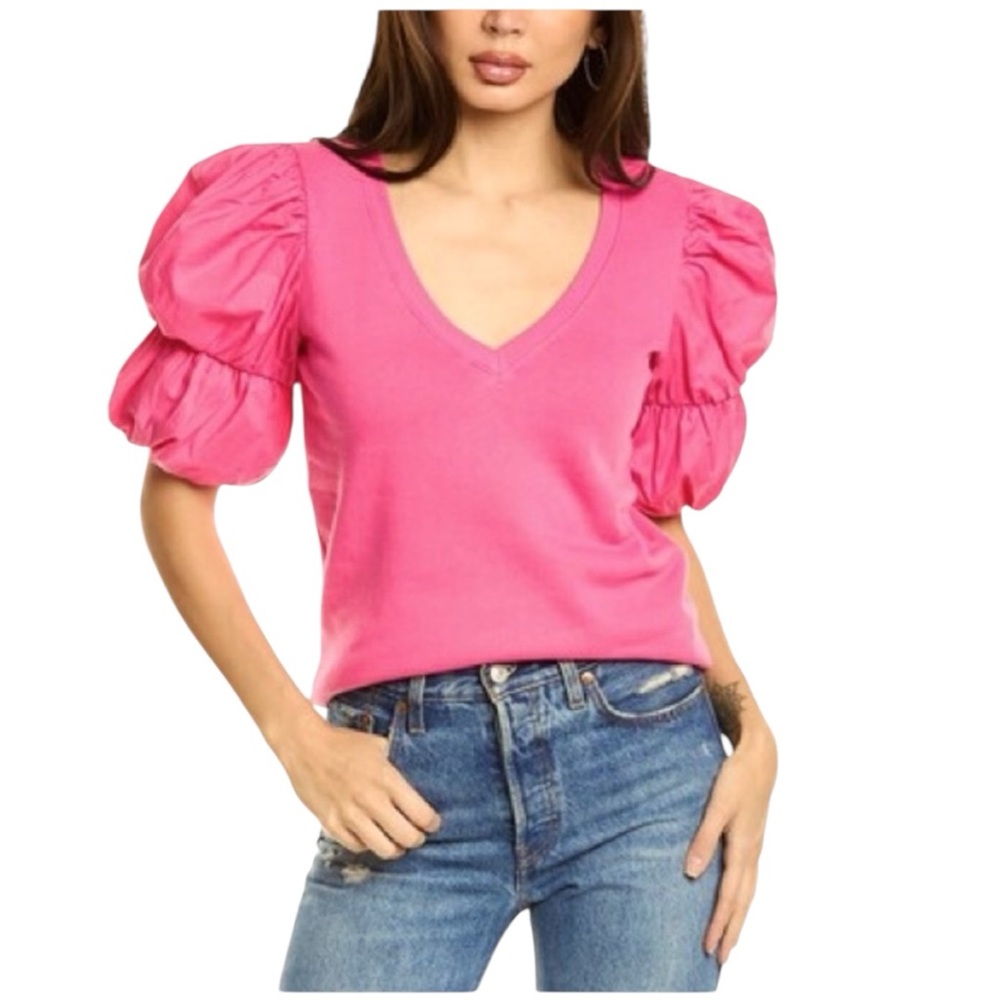 Nation LTD ‘Teddi’ Barbie Pink Short Puff Sleeve V Neck Top Size Medium